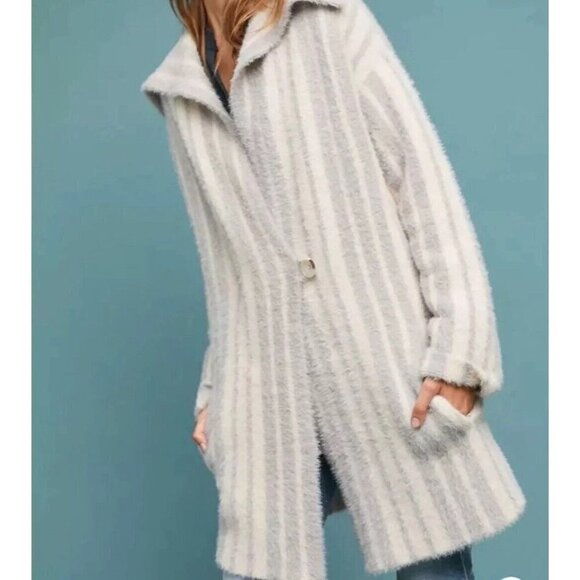 MOTH Anthropologie Womens Sweater Coat Sz S Gray White Stripe Oversized Coatigan - Picture 3 of 11
